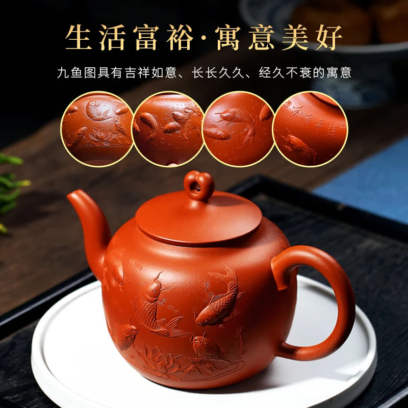 |High end! A stacked mud craftsmen Zhou Xiaozhong hand painted ceramic tea-pot nine fish figure zhu mud mass product