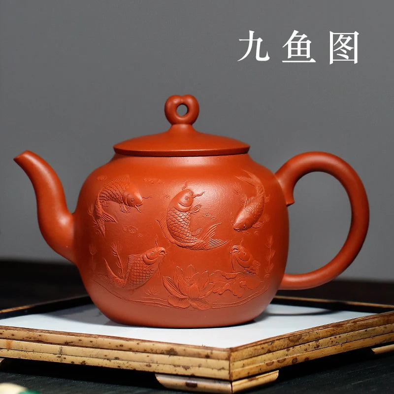 |High end! A stacked mud craftsmen Zhou Xiaozhong hand painted ceramic tea-pot nine fish figure zhu mud mass product