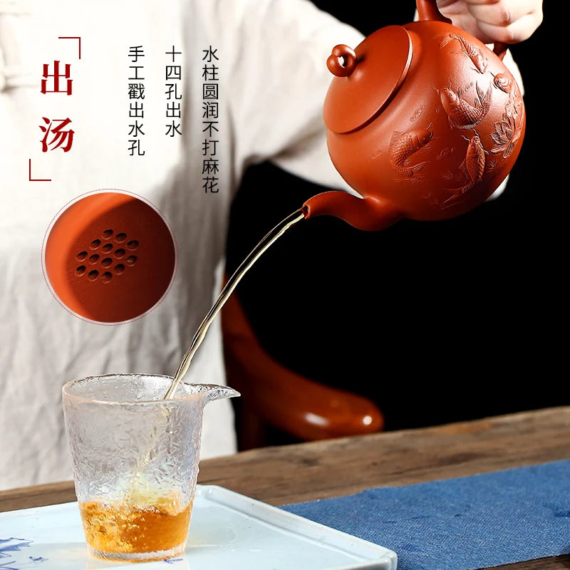 |High end! A stacked mud craftsmen Zhou Xiaozhong hand painted ceramic tea-pot nine fish figure zhu mud mass product