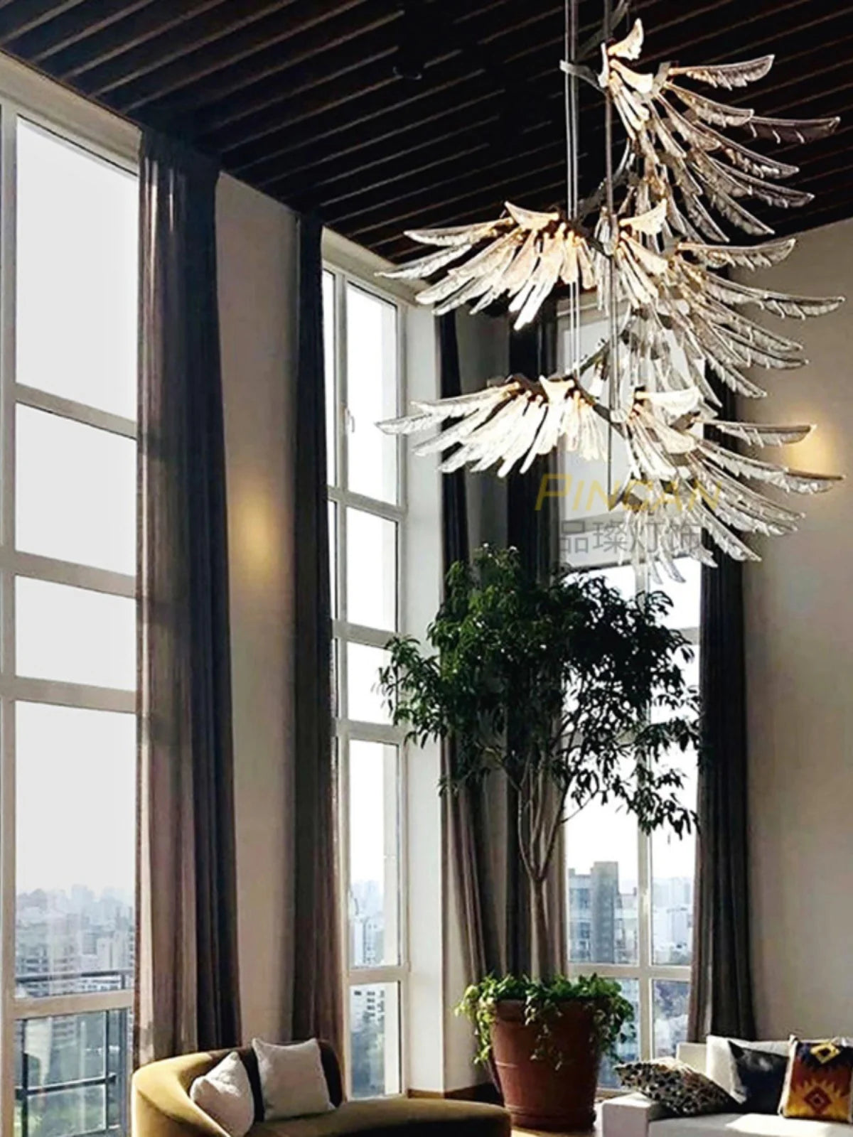 High-end crystal glass chandelier personality feather ceiling lamp atmospheric villa hollow Loft staircase Loft hall lighting