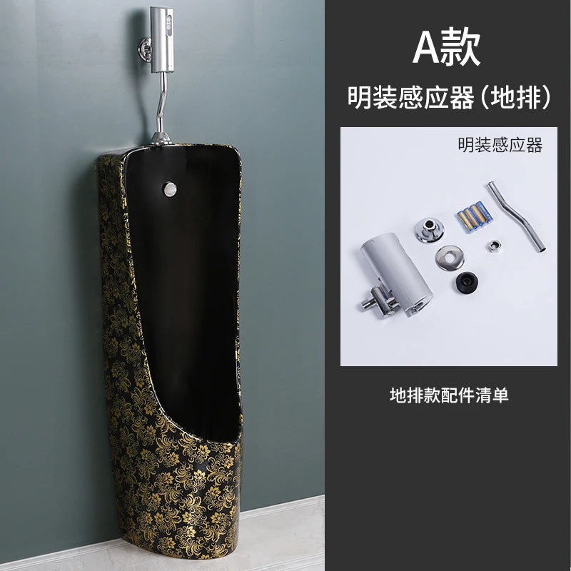 Household black induction urinal wall type floor standing European style surface mounted integrated ceramic urinal bucket
