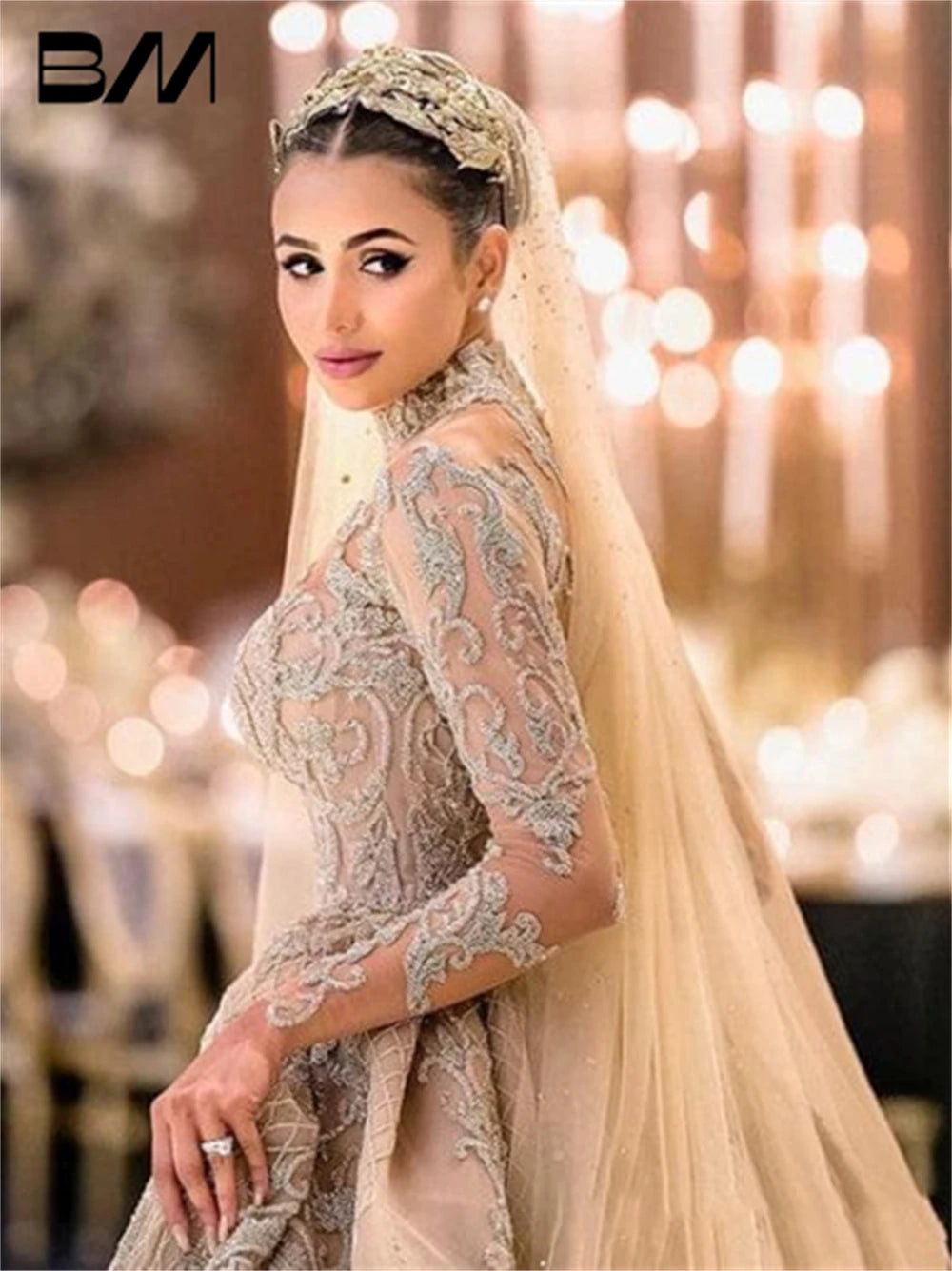 Illusion Cut-out High Neck Arabic Wedding Dress For Women 2024 With Detachable Train Bridal Gown Two Piece Luxury Bride Dresse