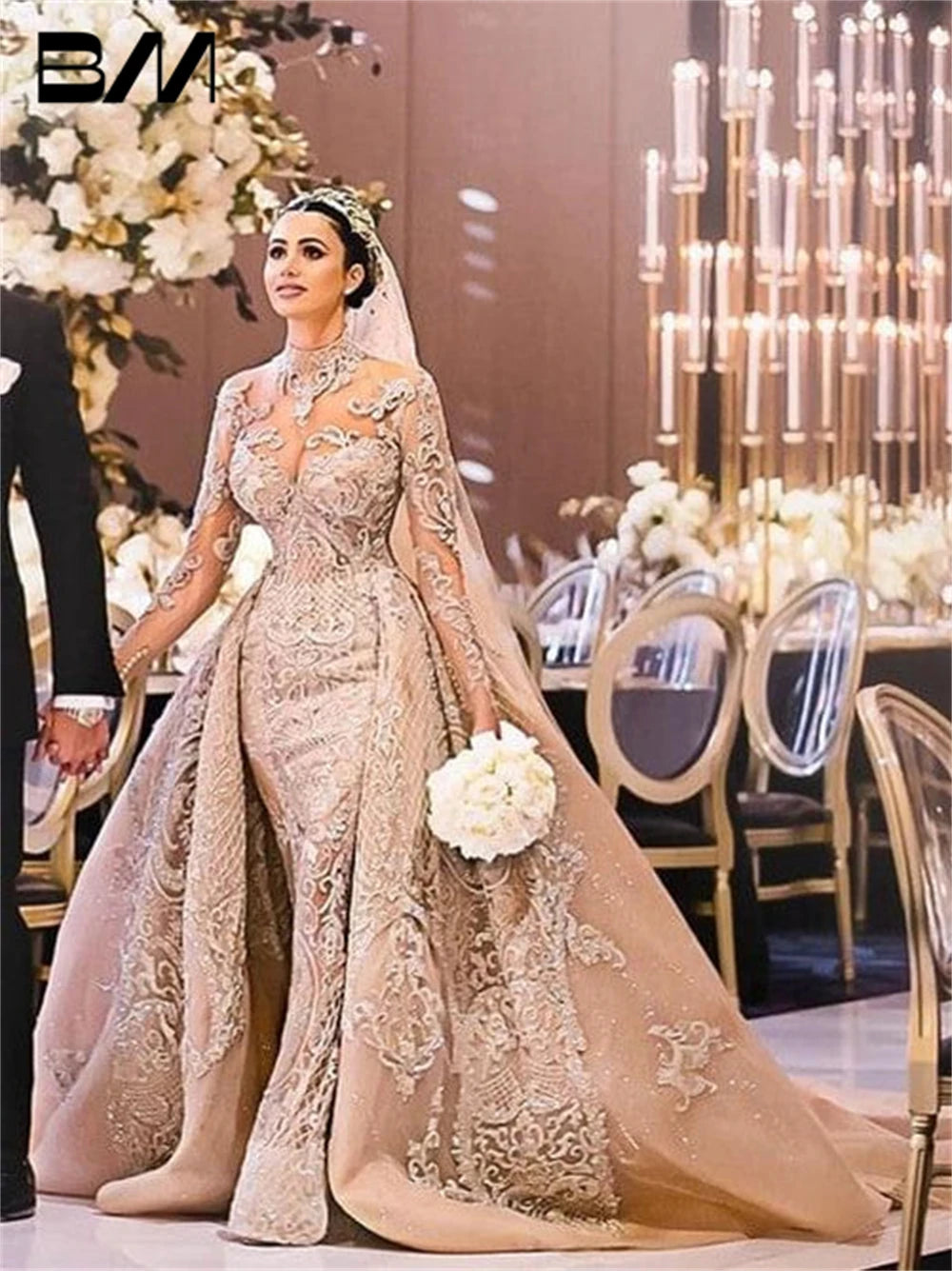 Illusion Cut-out High Neck Arabic Wedding Dress For Women 2024 With Detachable Train Bridal Gown Two Piece Luxury Bride Dresse