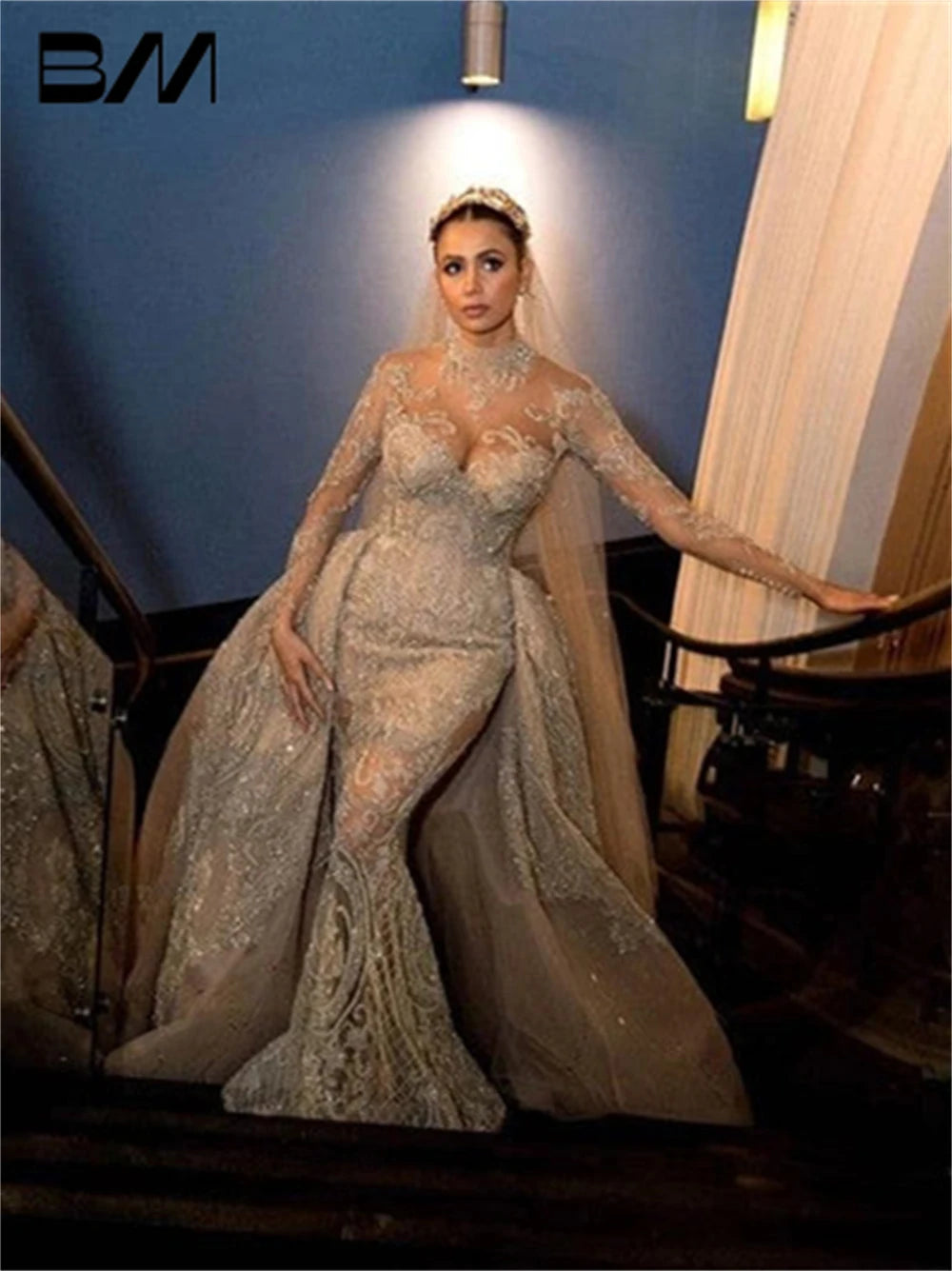 Illusion Cut-out High Neck Arabic Wedding Dress For Women 2024 With Detachable Train Bridal Gown Two Piece Luxury Bride Dresse