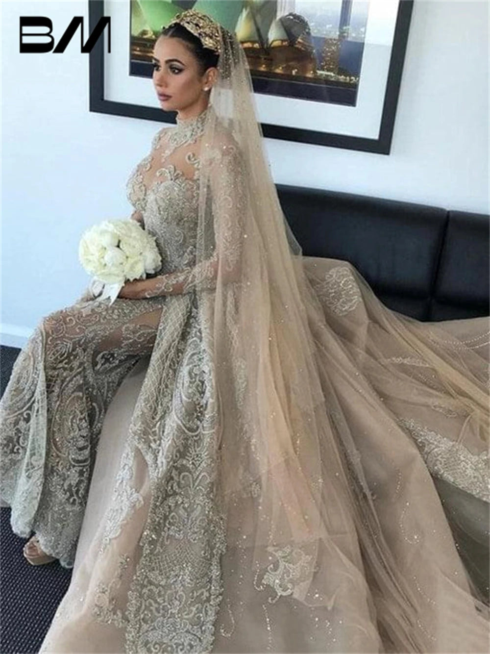 Illusion Cut-out High Neck Arabic Wedding Dress For Women 2024 With Detachable Train Bridal Gown Two Piece Luxury Bride Dresse
