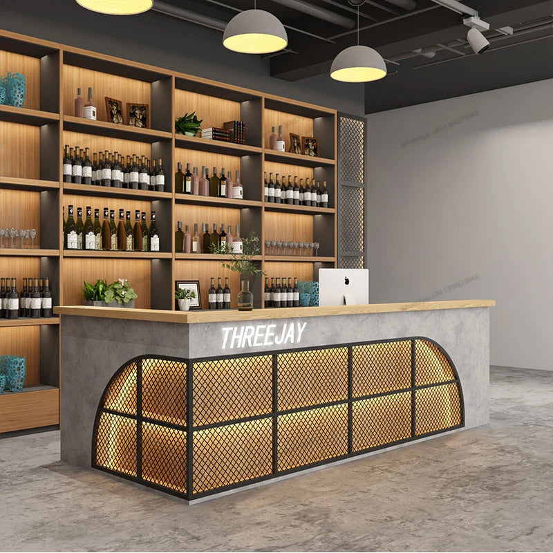 Industrial style bar, bar, table, barbecue, restaurant, cashier, gym, billiards room, front desk, reception desk