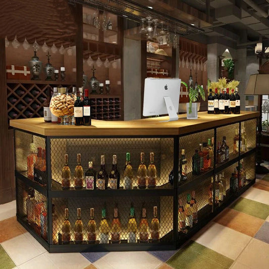 Industrial style cash register, barbecue shop, bar shop, corner bar table, dining iron mesh, circular arc front desk, reception