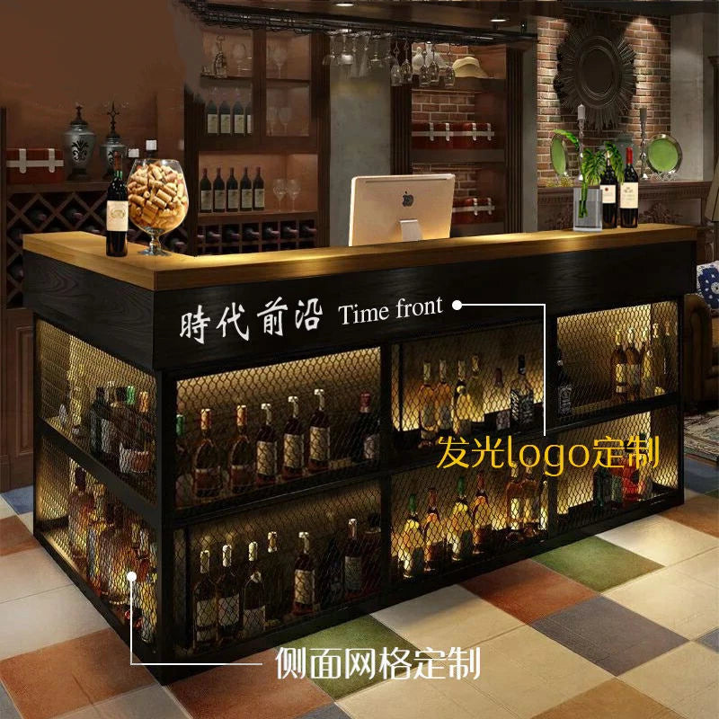 Industrial style cash register, barbecue shop, bar shop, corner bar table, dining iron mesh, circular arc front desk, reception