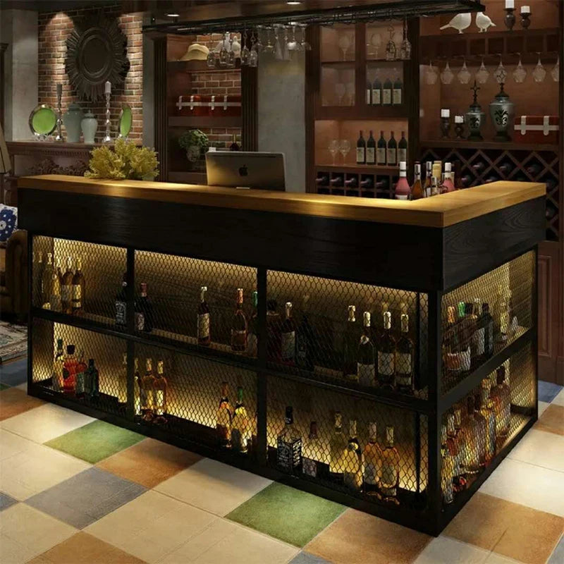 Industrial style cash register, barbecue shop, bar shop, corner bar table, dining iron mesh, circular arc front desk, reception