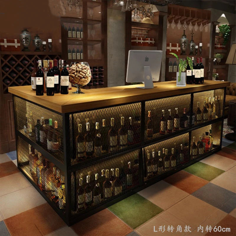 Industrial style cash register, barbecue shop, bar shop, corner bar table, dining iron mesh, circular arc front desk, reception