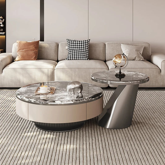 Italian light luxury modern simple stone slate coffee table round size combination microcrystalline living room stainless steel