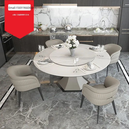 Italian light luxury rockboard round table with turntable modern simple solid wood dining table and chair combination furniture