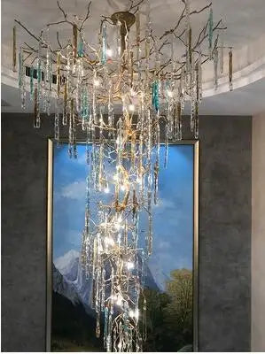 Italian villa living room glass copper crystal chandelier French luxury duplex staircase long chandelier