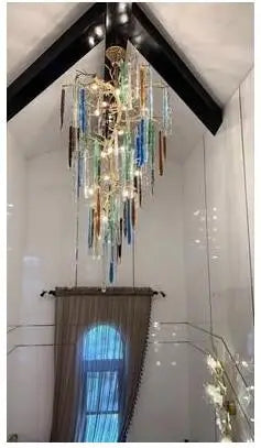 Italian villa living room glass copper crystal chandelier French luxury duplex staircase long chandelier