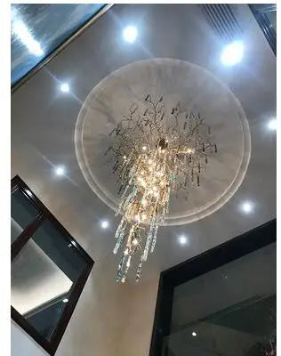 Italian villa living room glass copper crystal chandelier French luxury duplex staircase long chandelier