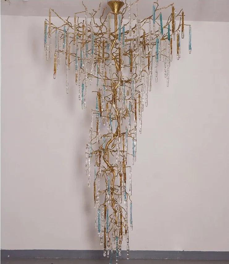 Italian villa living room glass copper crystal chandelier French luxury duplex staircase long chandelier