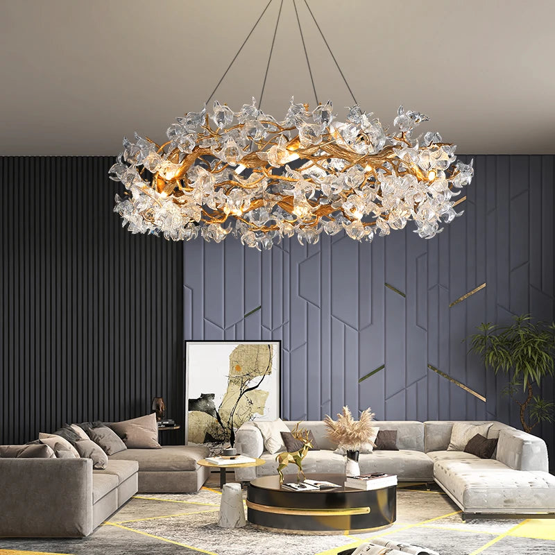 JMZM Modern light luxury crystal chandelier living room main lamp villa atmosphere round restaurant lamp flower bedroom lamp