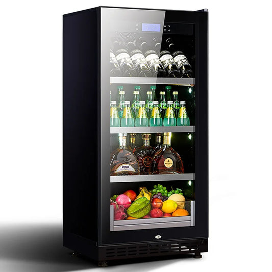 LED Under Counter Wine Fridge Black Wine Cooler LED Light & Lock & Key Glass Door Drinks Cellar Single Zone 72 Bottle 208 Litre