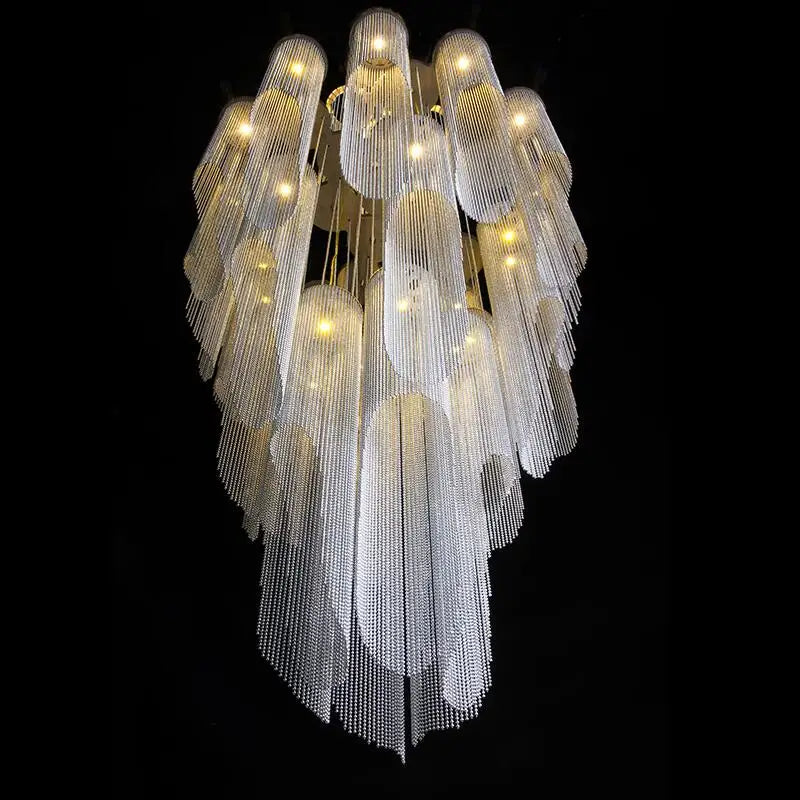 LED luxury aluminum tassel chandelier for the villa living room rotating staircase decorative chandelier custom engineering lamp