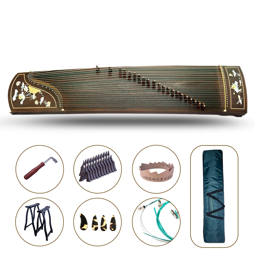 MMOOKA LOMMI Master Advanced Zither Sandalwood Guzheng Instrument 21 Strings Chinese Zither Lotus Pattern Inlay Harp Full Accessories