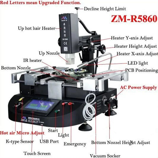 LY ZM-R5860 ZM-R5860C BGA Rework Station 220V High Power 3 Zones Hot Air BGA Repair Welding Equipment 4800W Touch Screen