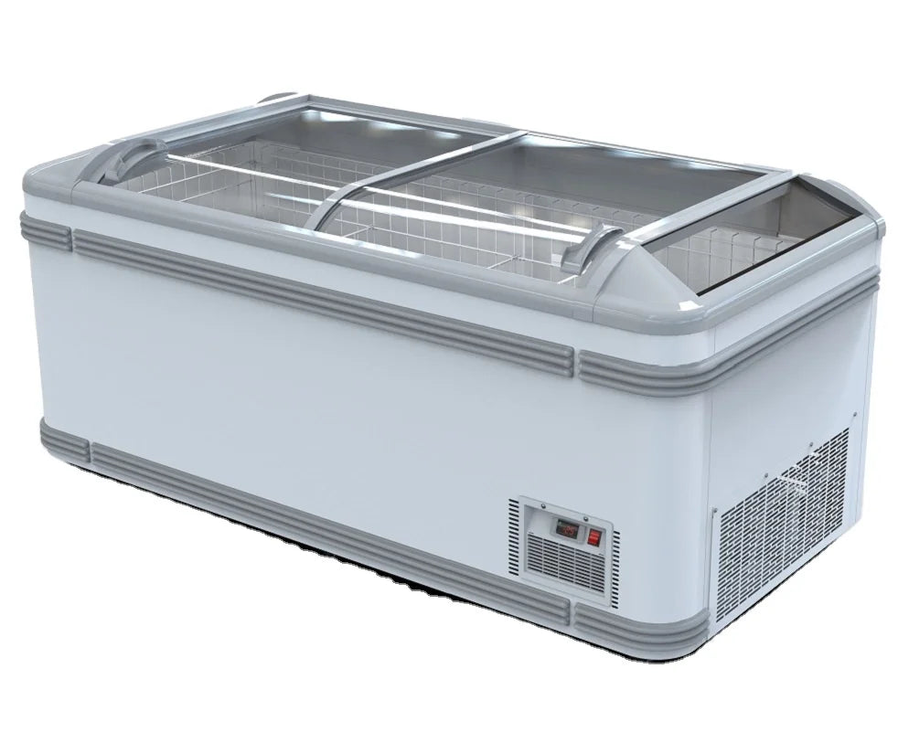 Large Capacity Refrigerator Showcase Curved Glass Door Supermarket Combined Chest Island Freezer