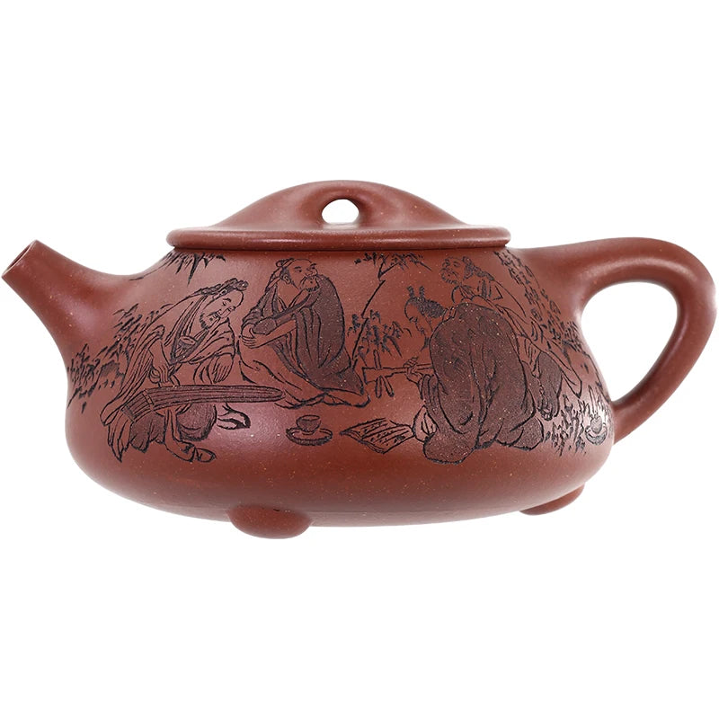 Large Capacity Yixing Purple Sand Pot, Descending Slope Mud, Fully Handmade Tea Pure Handcarved Bamboo Forest Seven Sages