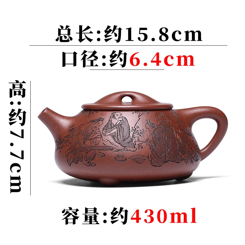 Large Capacity Yixing Purple Sand Pot, Descending Slope Mud, Fully Handmade Tea Pure Handcarved Bamboo Forest Seven Sages