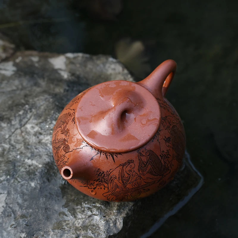 Large Capacity Yixing Purple Sand Pot, Descending Slope Mud, Fully Handmade Tea Pure Handcarved Bamboo Forest Seven Sages