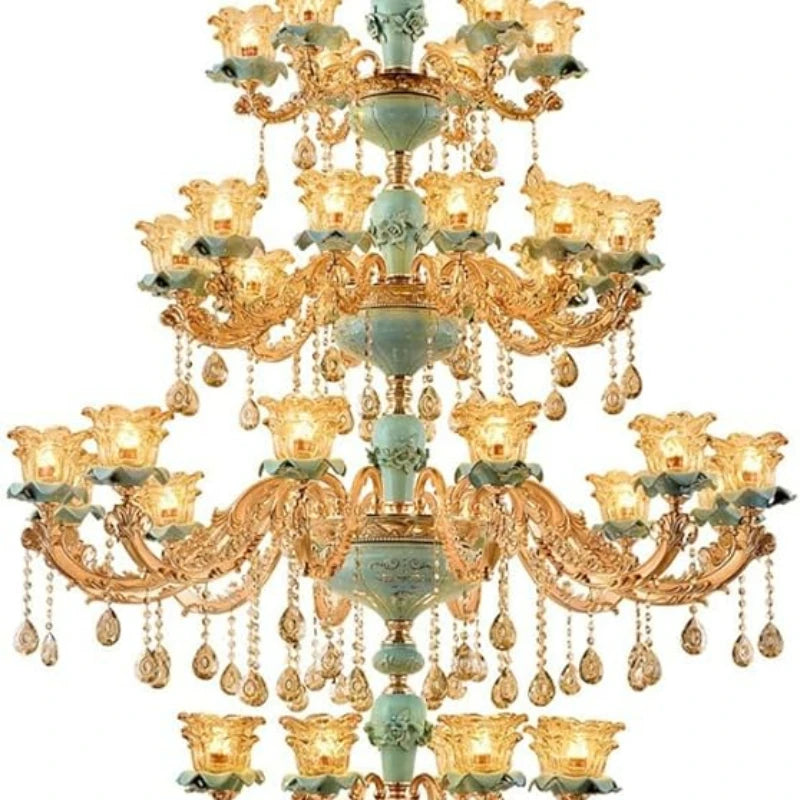 Large Chandelier European-Style Crystal Lamp Living Room Lamp French-Style Ceramic Three-Story Villa Middle-Floor Lamp
