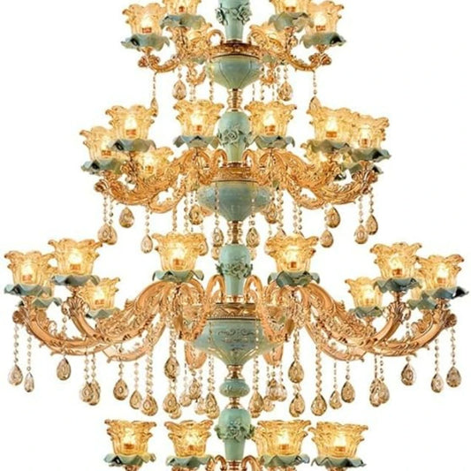 Large Chandelier European-Style Crystal Lamp Living Room Lamp French-Style Ceramic Three-Story Villa Middle-Floor Lamp
