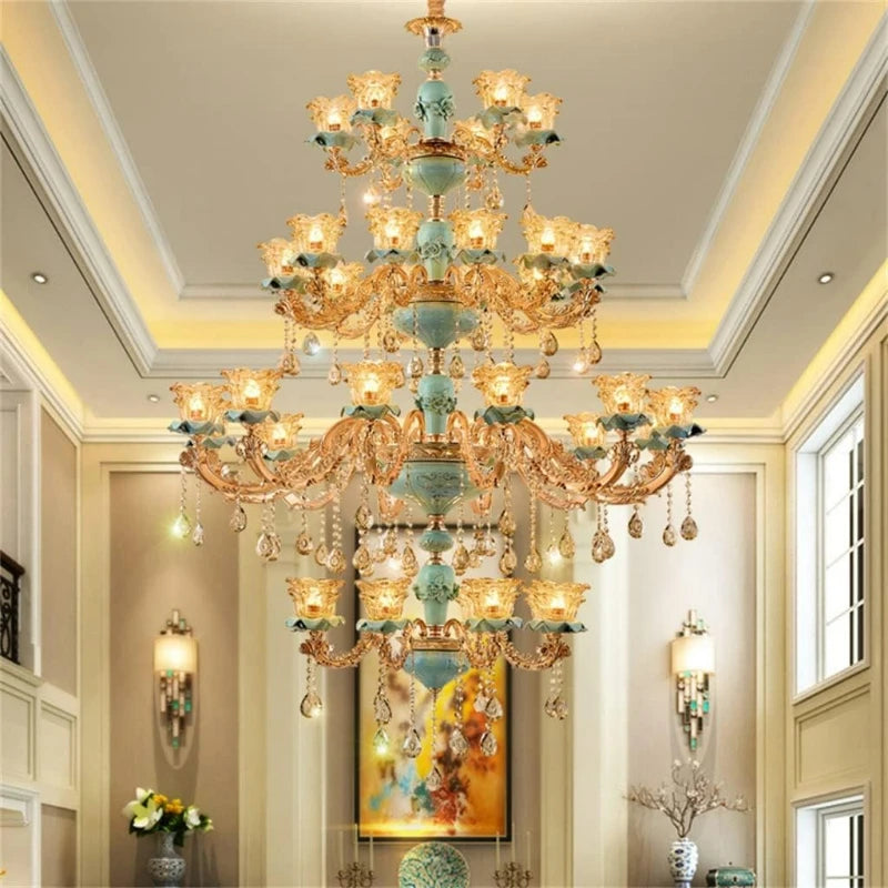 Large Chandelier European-Style Crystal Lamp Living Room Lamp French-Style Ceramic Three-Story Villa Middle-Floor Lamp