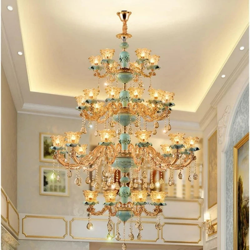 Large Chandelier European-Style Crystal Lamp Living Room Lamp French-Style Ceramic Three-Story Villa Middle-Floor Lamp