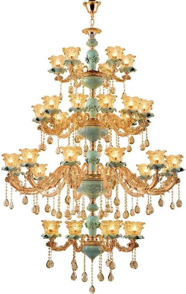 Large Chandelier European-Style Crystal Lamp Living Room Lamp French-Style Ceramic Three-Story Villa Middle-Floor Lamp