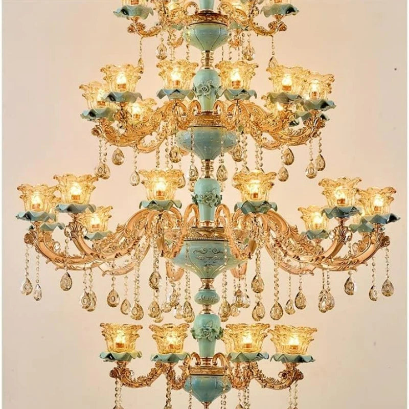 Large Chandelier European-Style Crystal Lamp Living Room Lamp French-Style Ceramic Three-Story Villa Middle-Floor Lamp