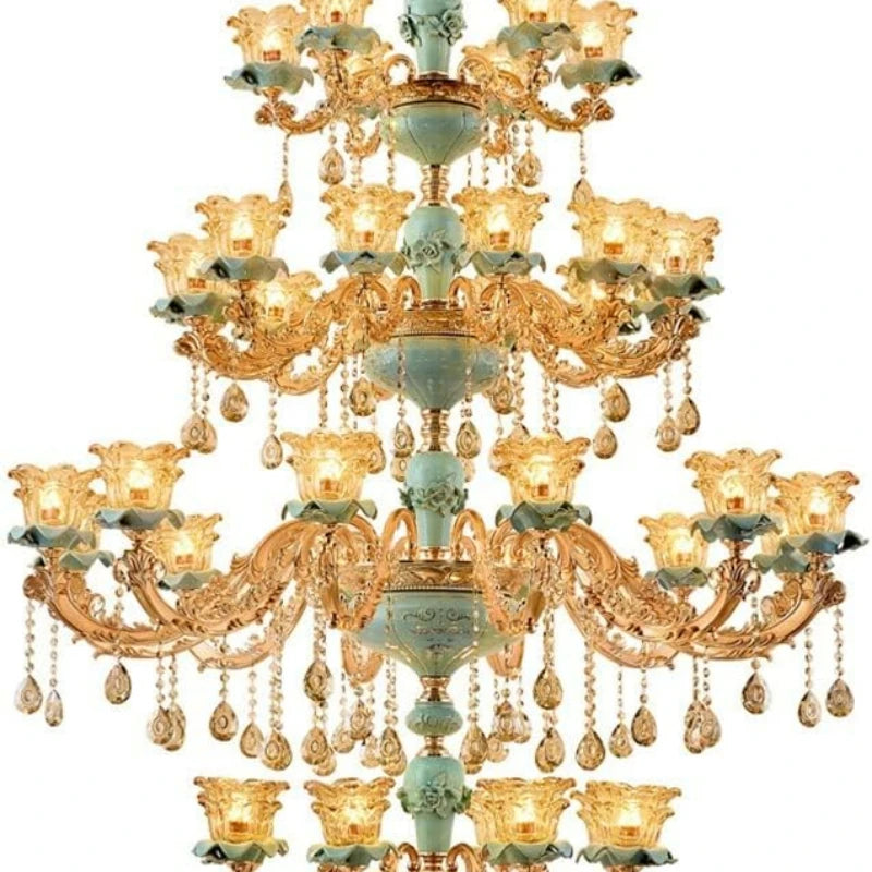 Large Chandelier European-Style Crystal Lamp Living Room Lamp French-Style Ceramic Three-Story Villa Middle-Floor Lamp