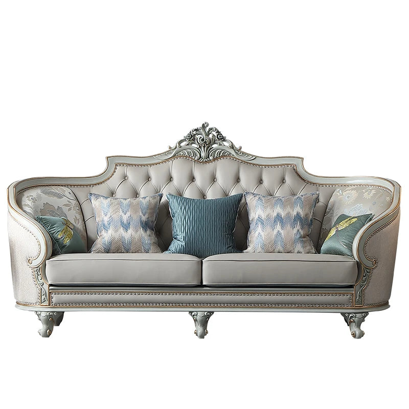 Leather sofa combination European solid wood furniture beech carved living room high-grade sofa