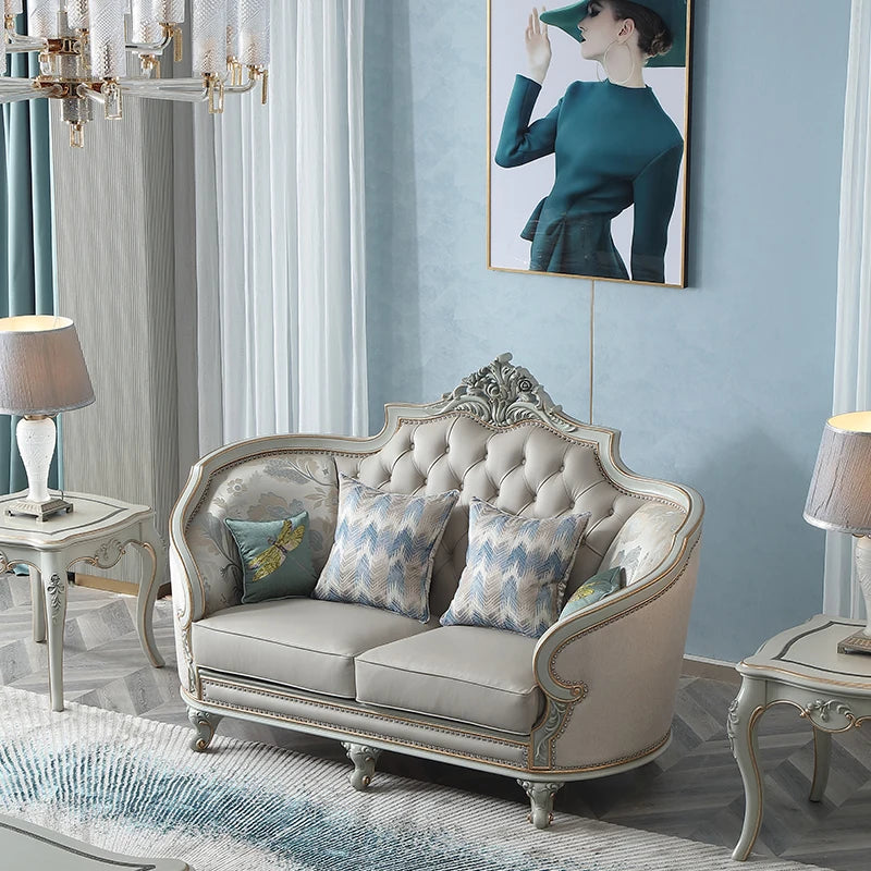 Leather sofa combination European solid wood furniture beech carved living room high-grade sofa