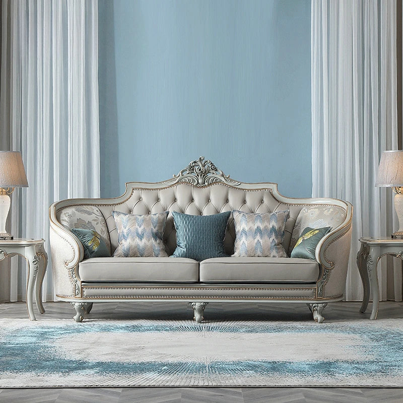 Leather sofa combination European solid wood furniture beech carved living room high-grade sofa