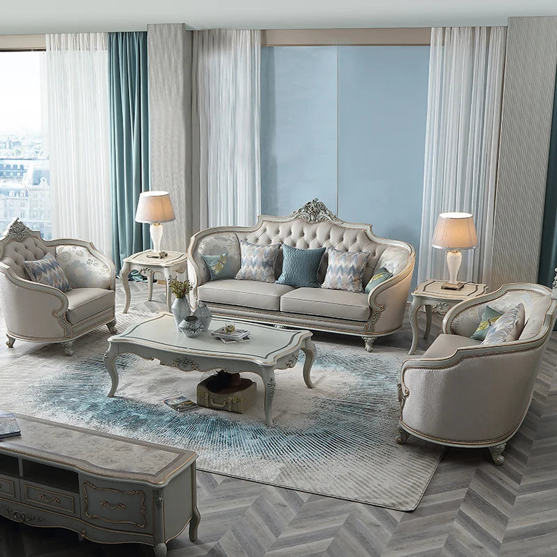 Leather sofa combination European solid wood furniture beech carved living room high-grade sofa