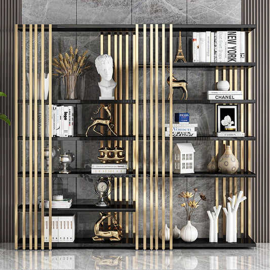 Light luxury bookshelf, stainless steel bookshelf, decorative display rack, floor mounted Bogu rack, living room partition, meta