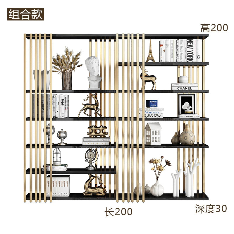 Light luxury bookshelf, stainless steel bookshelf, decorative display rack, floor mounted Bogu rack, living room partition, meta