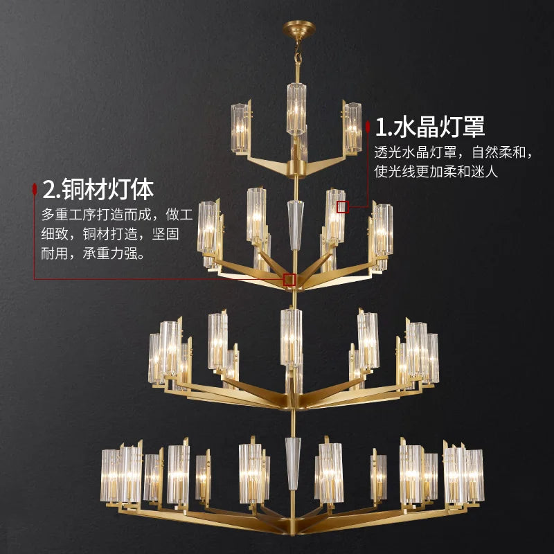 Light luxury post-modern living room large chandelier all copper duplex villa staircase chandelier