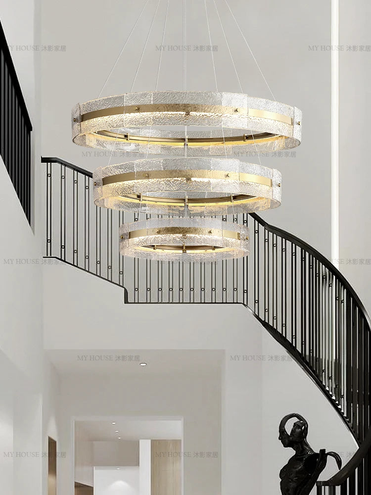 Light luxury post-modern villa duplex building living room large chandelier, simple model room, stairwell chandelier