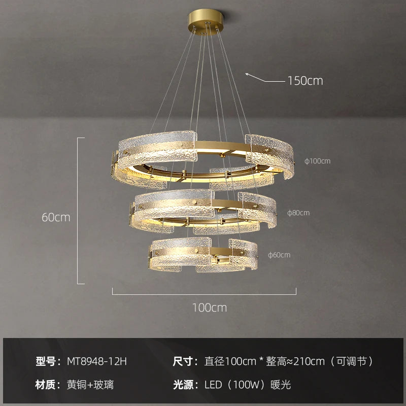 Light luxury post-modern villa duplex building living room large chandelier, simple model room, stairwell chandelier