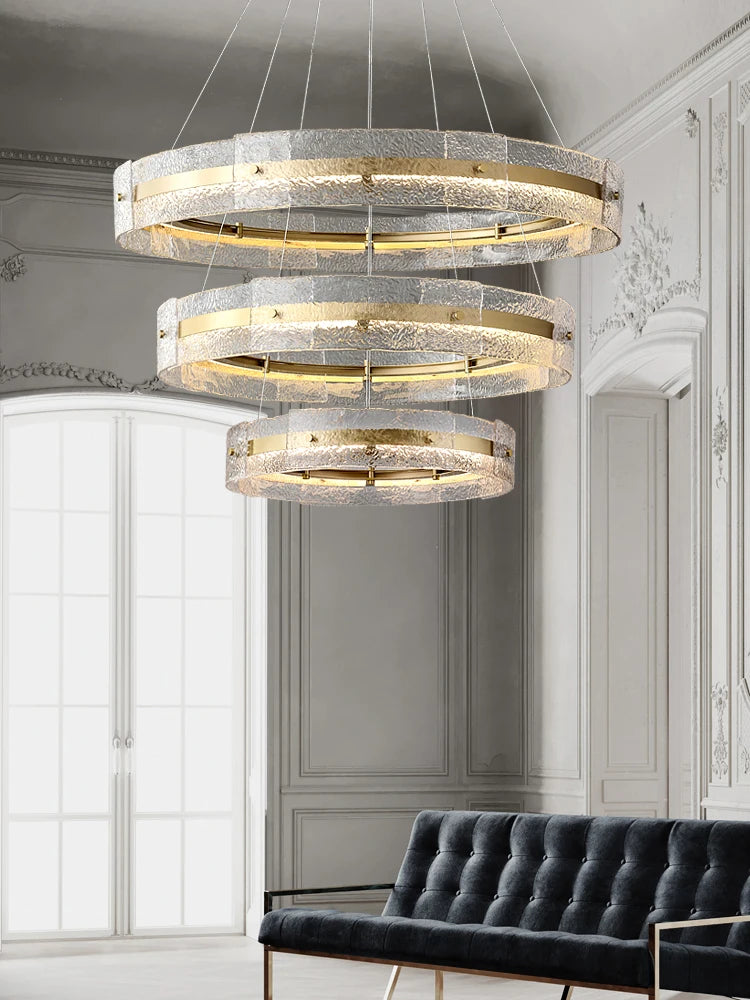 Light luxury post-modern villa duplex building living room large chandelier, simple model room, stairwell chandelier