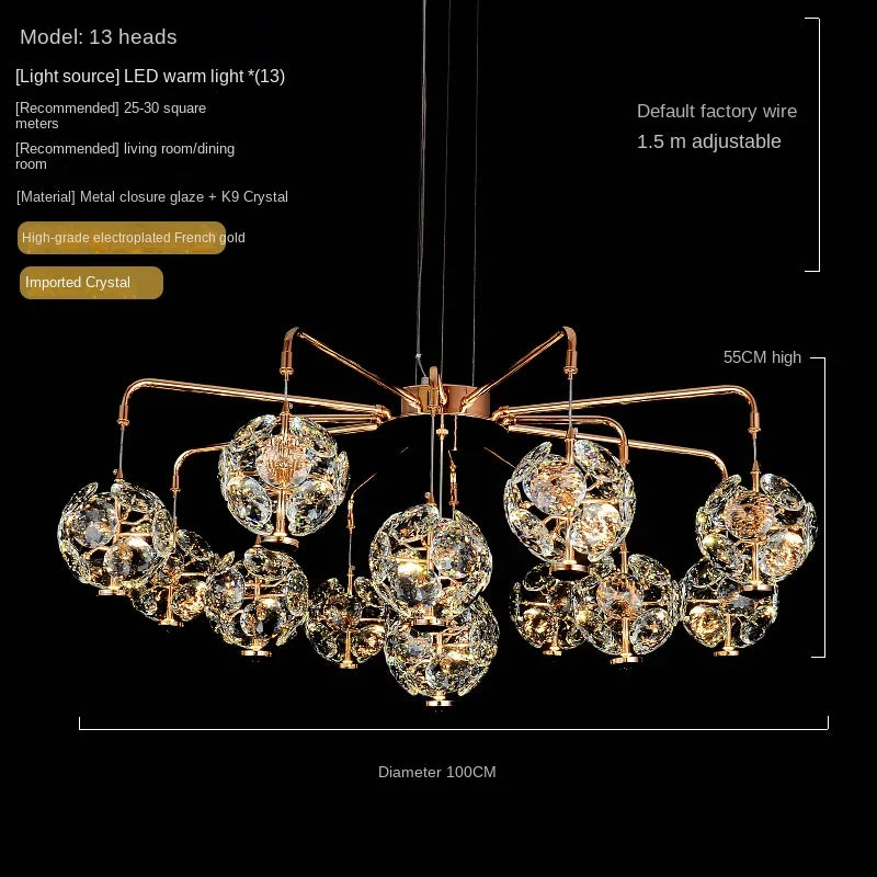 Living Room Main Lamp Post-Modern Crystal Chandelier Simple Atmosphere Villa Hall Restaurant Bedroom Light