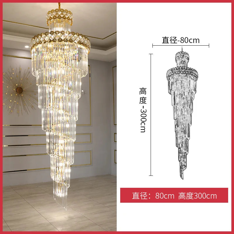 Living room chandelier, villa, middle floor, crystal lamp, light luxury, long chandelier of rotating stairs