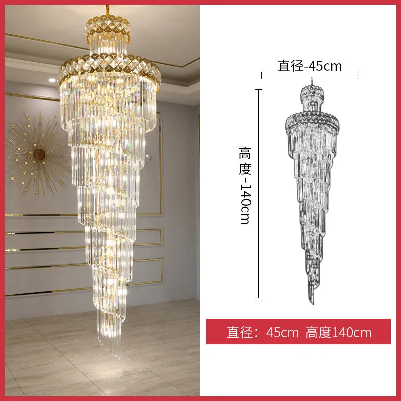 Living room chandelier, villa, middle floor, crystal lamp, light luxury, long chandelier of rotating stairs