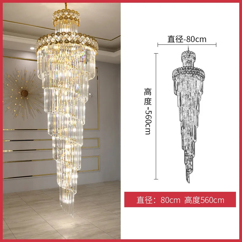 Living room chandelier, villa, middle floor, crystal lamp, light luxury, long chandelier of rotating stairs